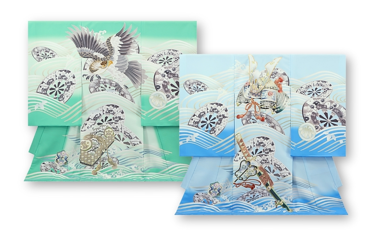 男の子用産着 お宮参り衣装 緑と水色の二色の着物