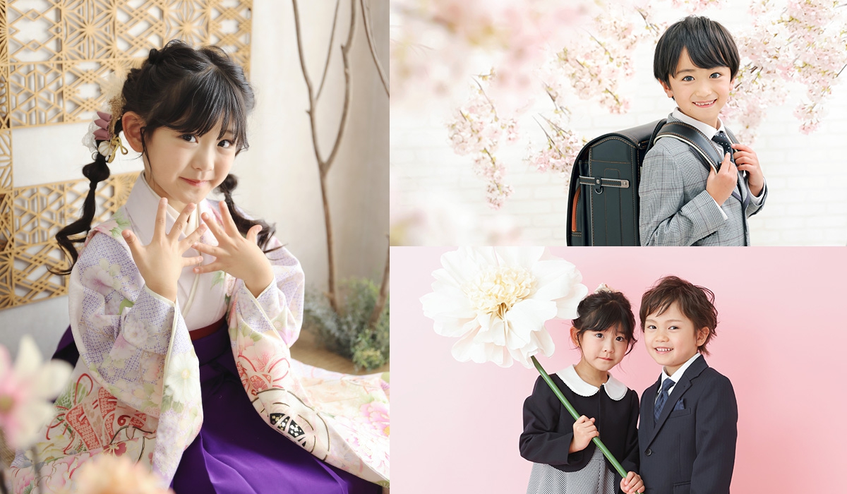 入園入学の撮影 卒業袴の女の子 ランドセル姿の男の子 ビックフラワーを持っている